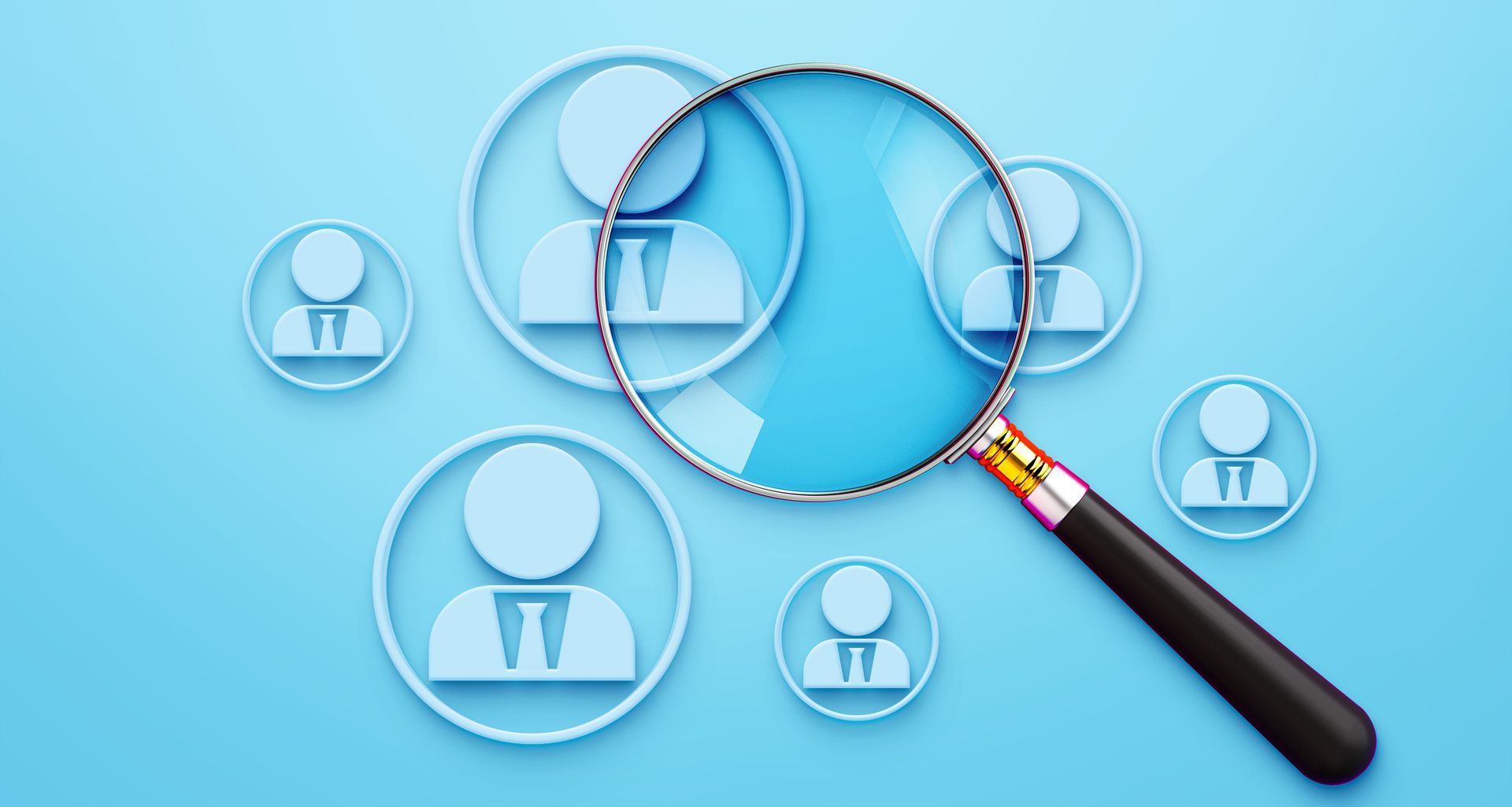 Magnifying glass over people icons on blue background.