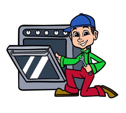 A cartoon of a man fixing an oven with a wrench.