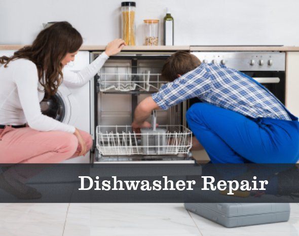 A man and a woman are repairing a dishwasher in a kitchen