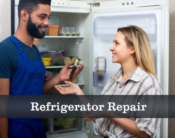 A man is talking to a woman in front of an open refrigerator.