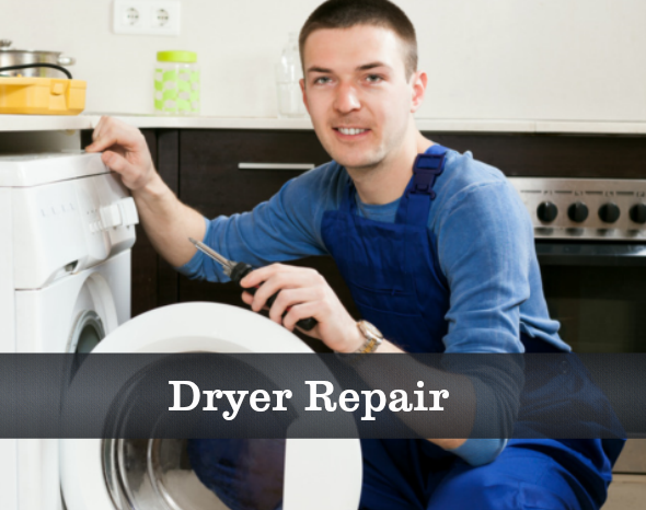 A man is fixing a dryer with the words dryer repair below him