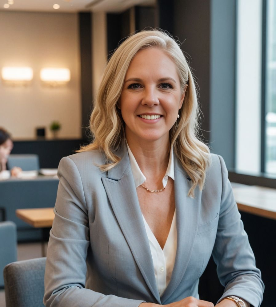 A woman in a suit is sitting in a chair and smiling for the camera.