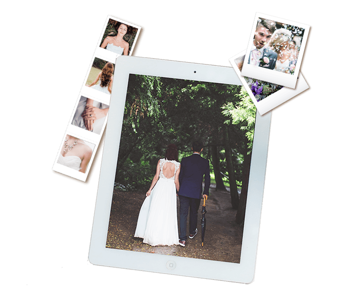 Un tablet con l'immagine di una sposa e uno sposo
