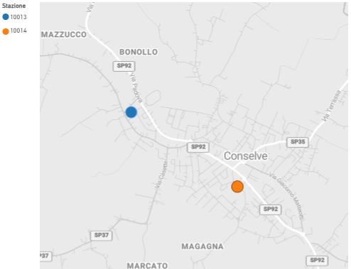 Mappa della rete Aernode a Conselve con il posizionamento delle stazioni 10013 e 10014