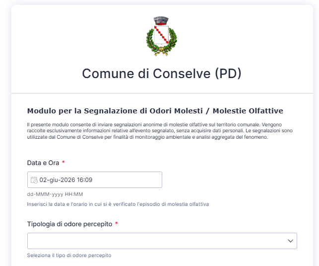 Modulo online del Comune di Conselve per la segnalazione di odori molesti