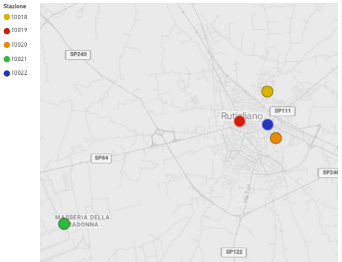 Mappa della rete Aernode SmartMuni nel Comune di Rutigliano con cinque stazioni