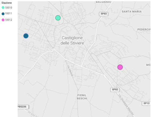 Mappa della rete Aernode a Castiglione delle Stiviere con il posizionamento delle stazioni 10010, 10011 e 10012