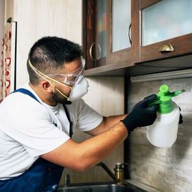 A man wearing a mask and gloves is spraying something in a kitchen.