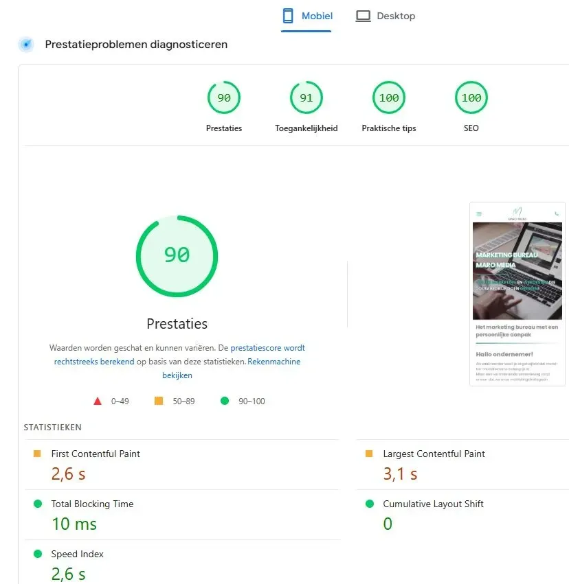 page speed test voorbeeld