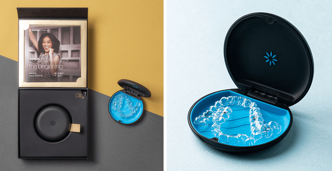 Two views of invisible teeth aligners: left, the aligners are inside a black package with a photo; right, a case with aligners.