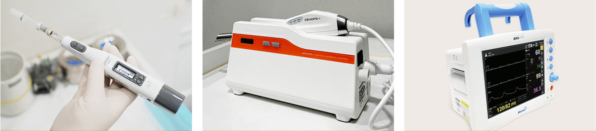 Medical equipment, including a handheld device, a white machine with orange accents, and a display screen.