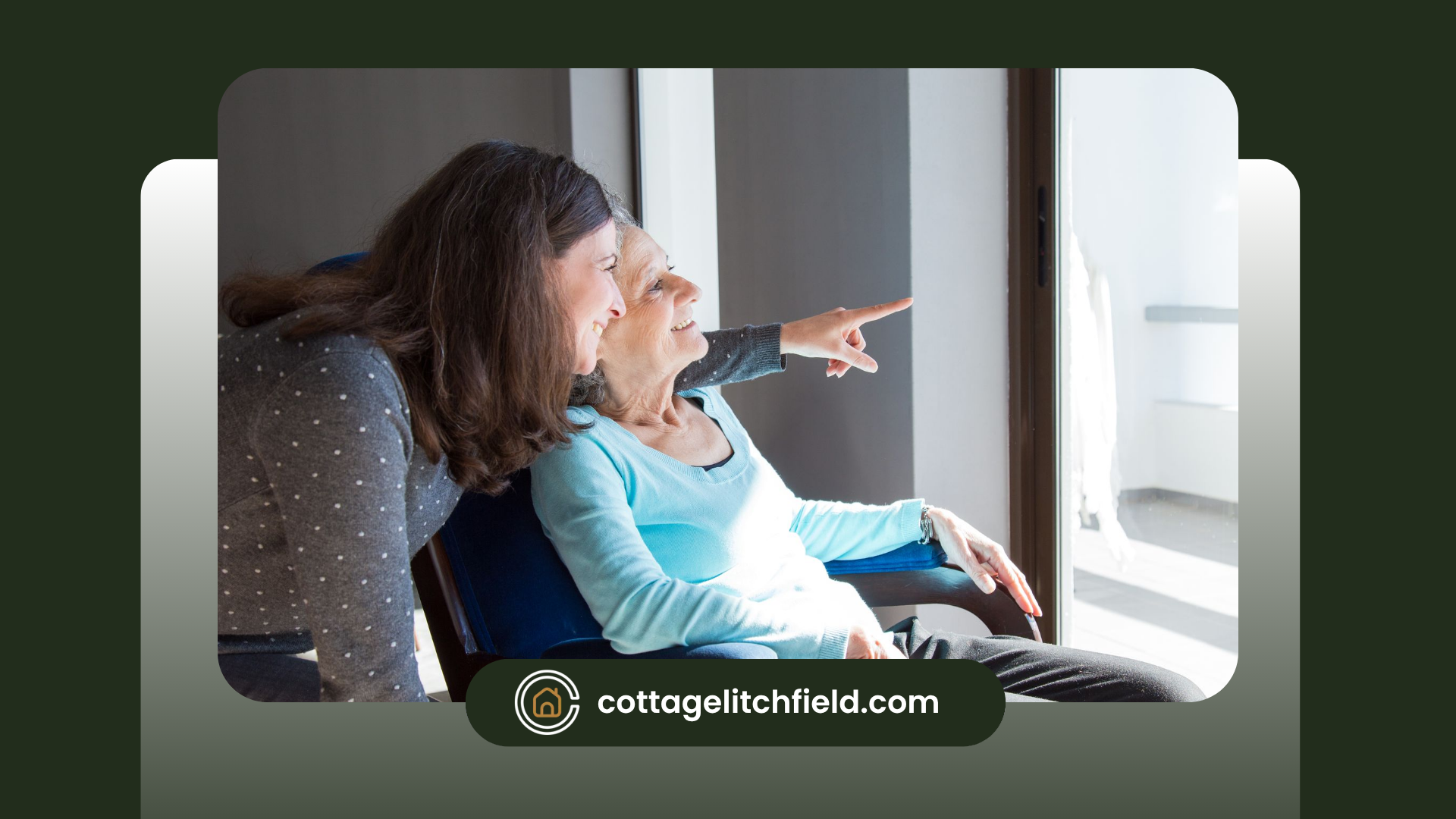A caregiver is talking to an elderly sitting in a wheelchair while looking out the window