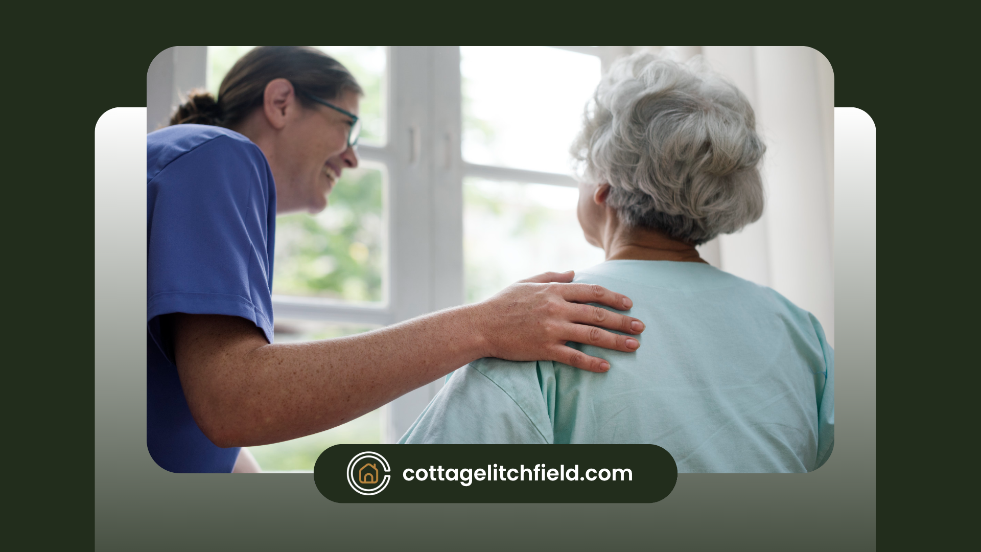A nurse is putting her hand on an elderly woman's shoulder.