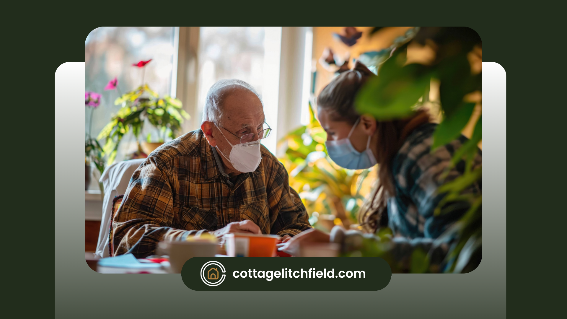 A memory care resident and a staff member wearing face masks while talking to each other