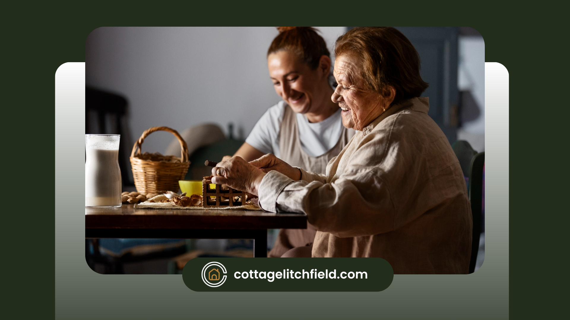 An assisted living resident is having a meal with a caregiver assisting her