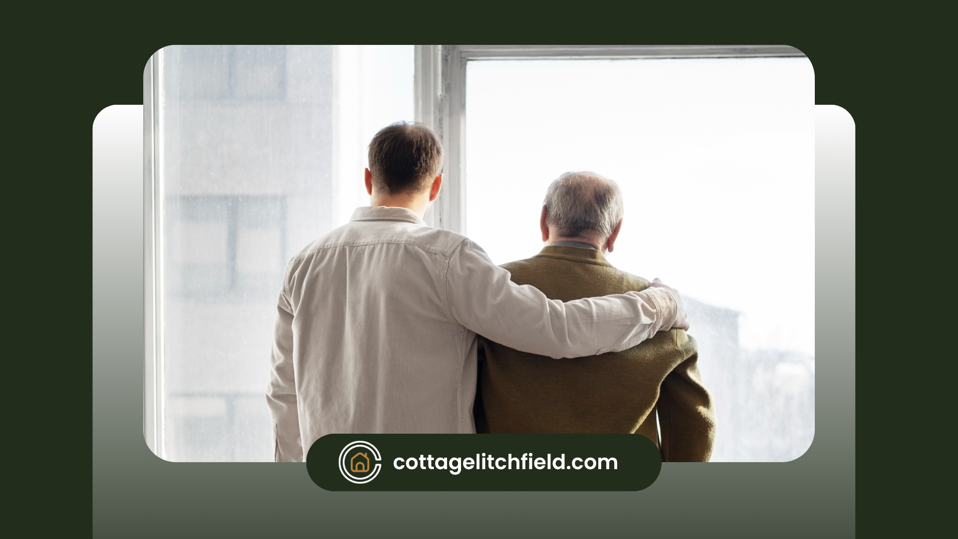 A man and his father with dementia are standing next to each other in front of a window.