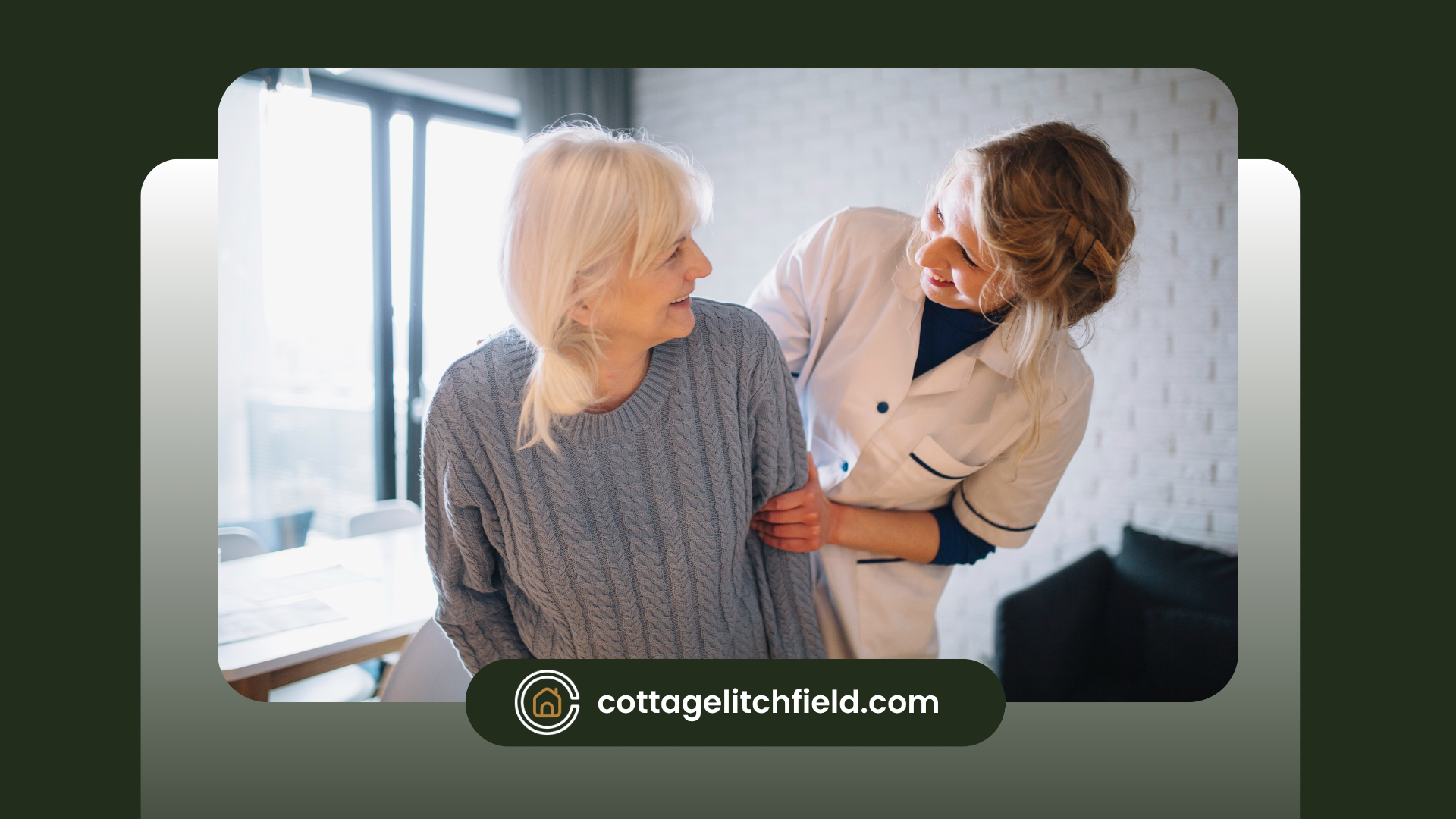 A nurse is helping an elderly woman walk in a room.