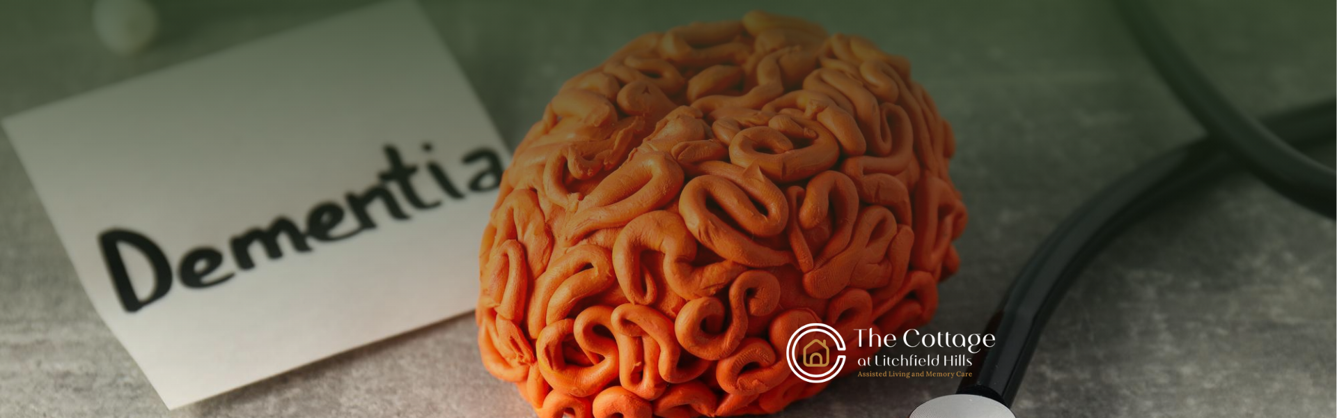 A sculpture of a human brain, a stethoscope, and a paper with the word