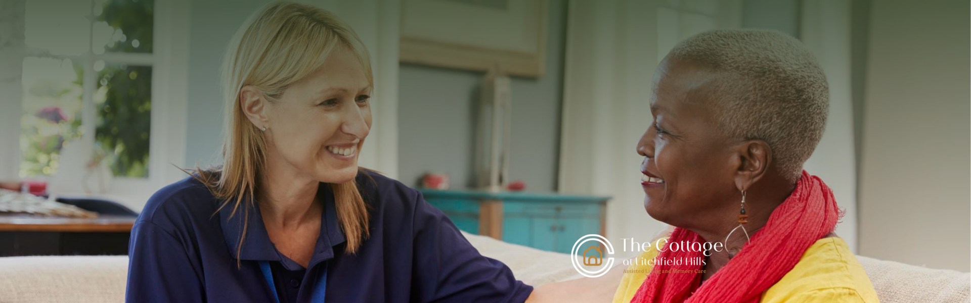 A senior talking to a caregiver in a respite care facility