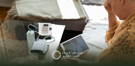 An elderly woman consults with a doctor on a tablet while using a blood pressure monitor.