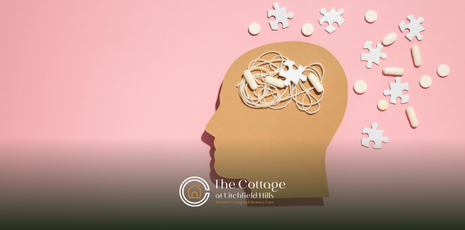 A paper cutout of a head with a brain made of tangled cords, pills, and puzzle pieces.