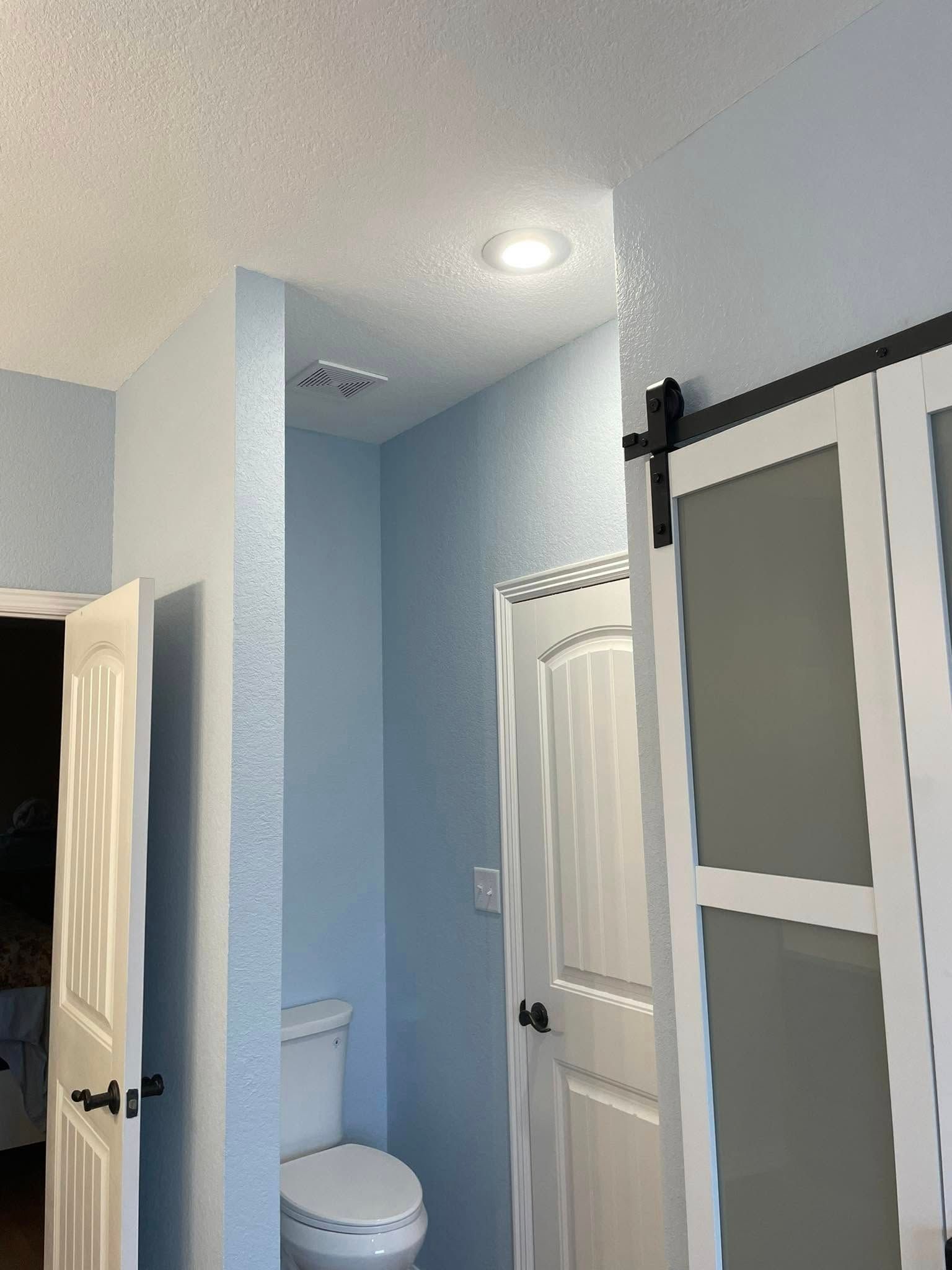 A bathroom with a toilet and a sliding barn door.
