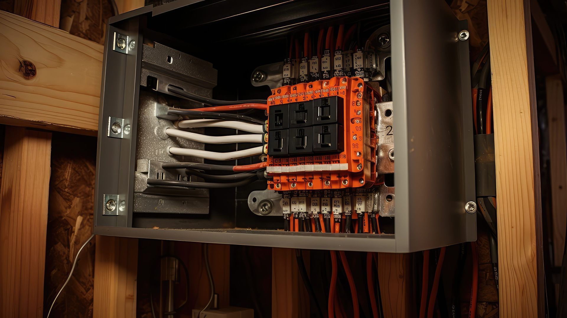 A close up of an electrical box hanging on a wooden wall.
