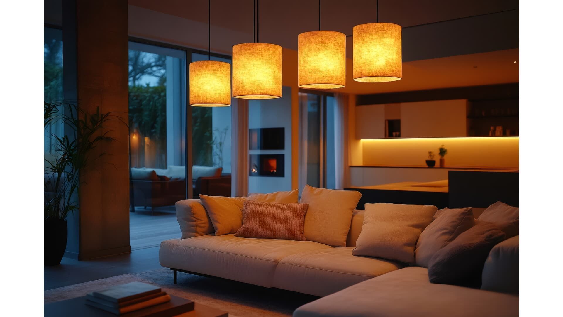 A living room with a couch and lamps hanging from the ceiling.