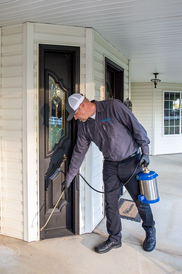 spraying pest repellant on door hinge