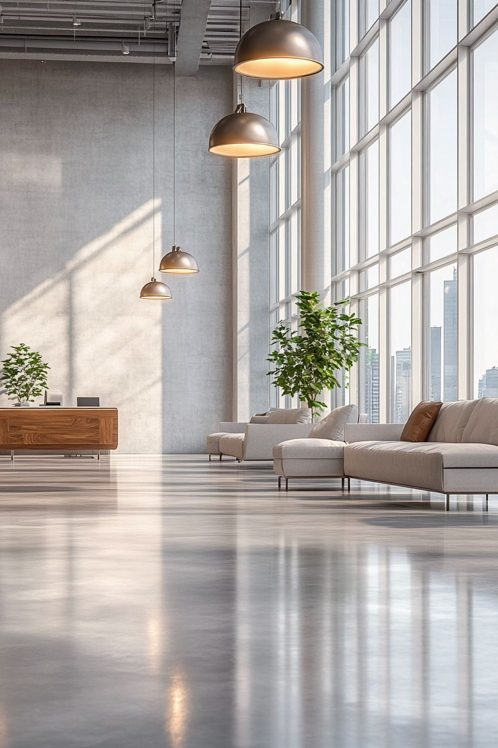 Modern lobby with large windows, gray polished floor, and pendant lights. Includes a reception desk and sofa with potted plants.