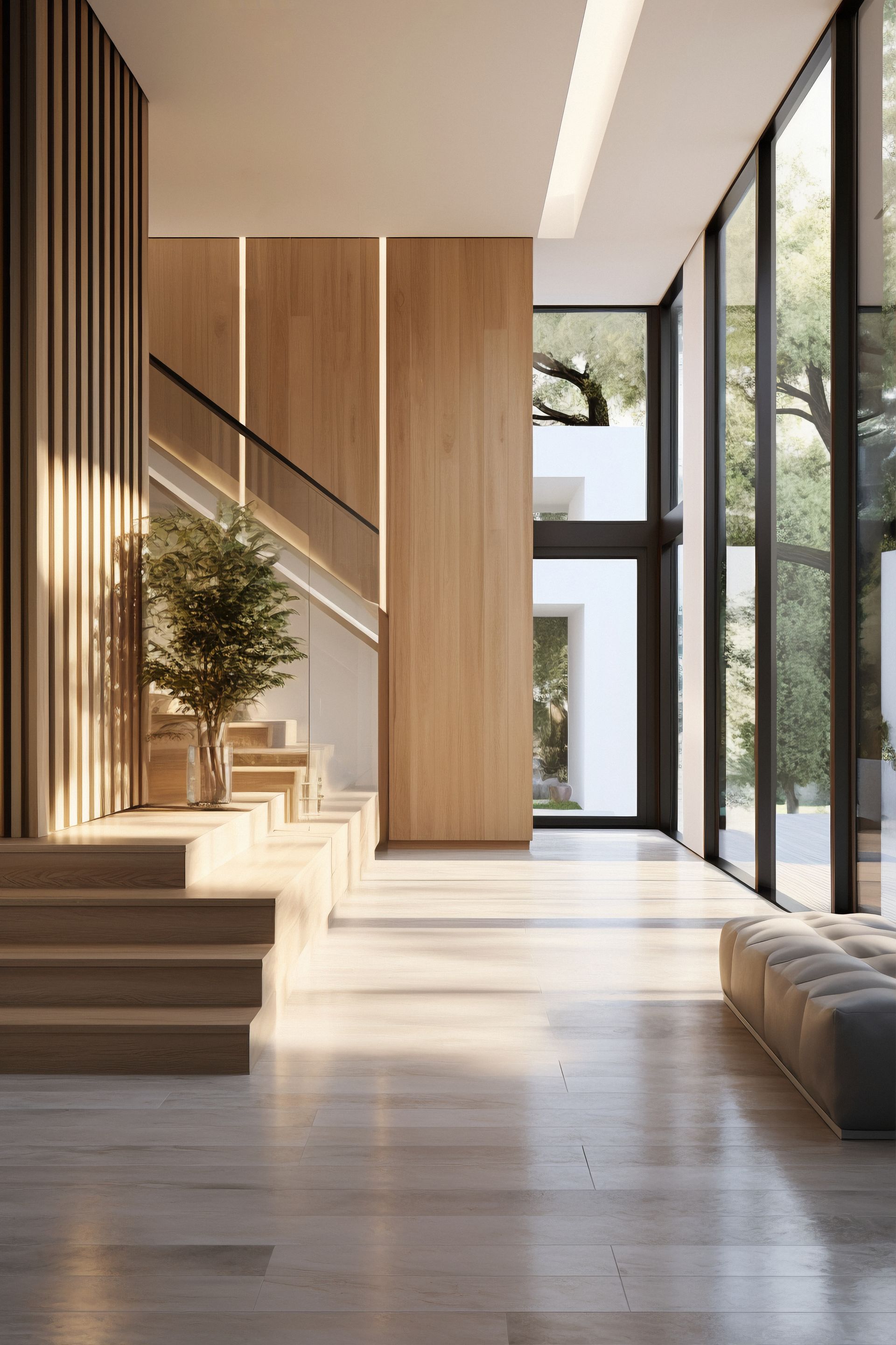 Wooden-floored modern hallway with stairs, large windows, and a small tree; sunlight streams in.