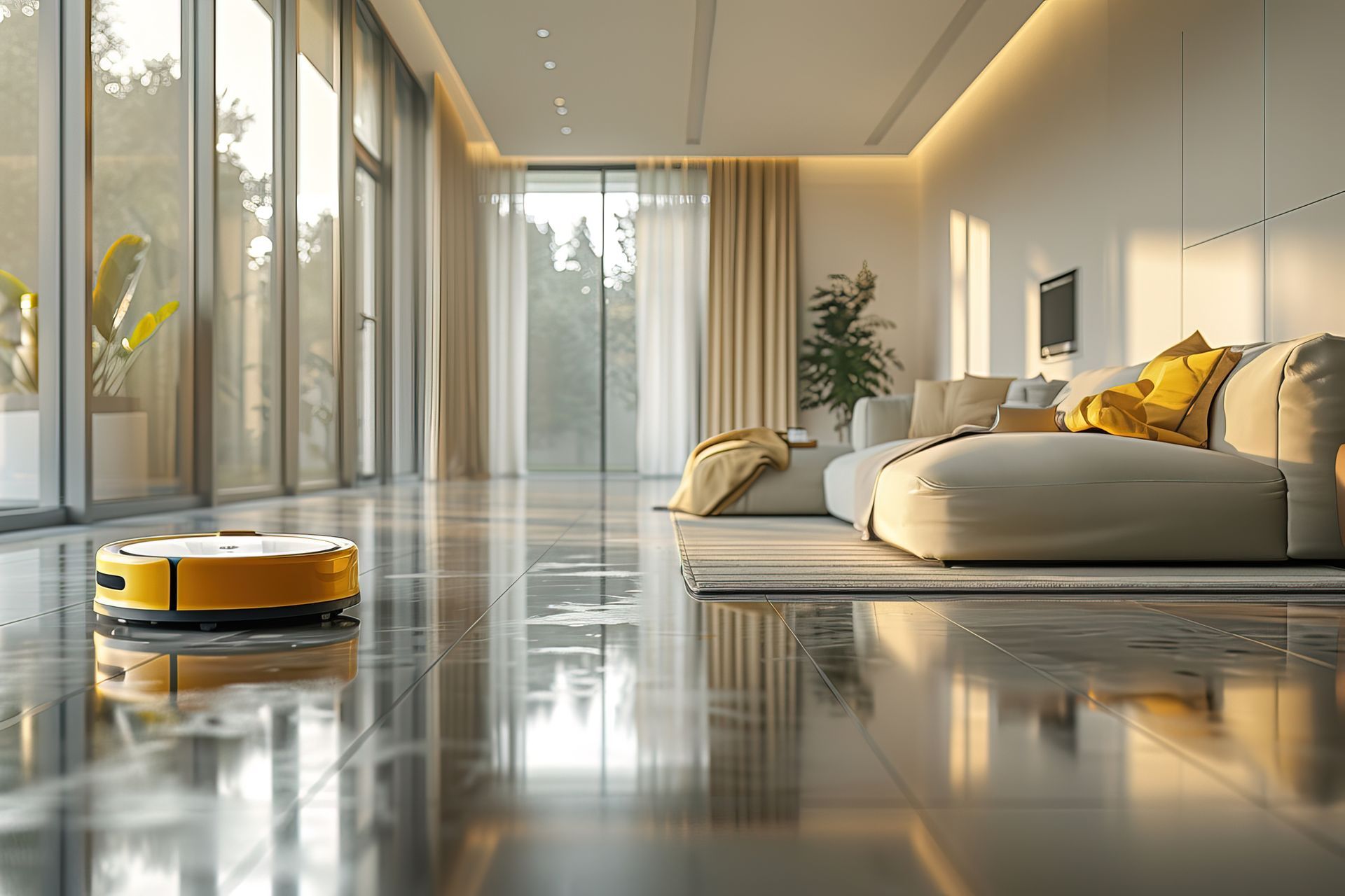 Robot vacuum cleaner on a shiny floor in a modern living room, cleaning.