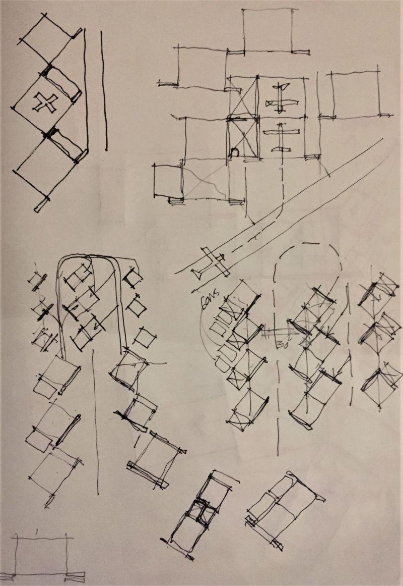 A black and white drawing of a house on a white background