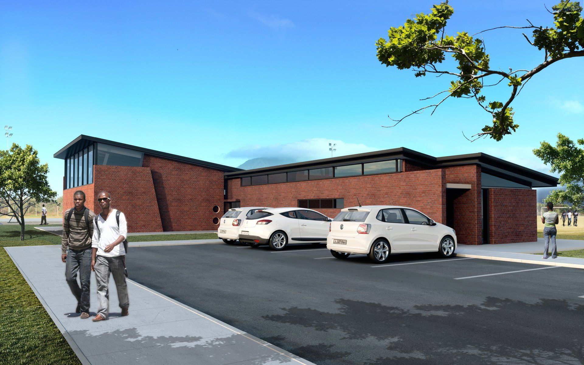 An artist 's impression of a building with cars parked in front of it.