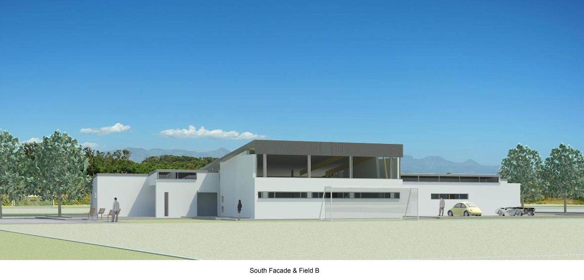 An artist 's impression of a large white house with cars parked in front of it. Masiphumelele Sports Facility