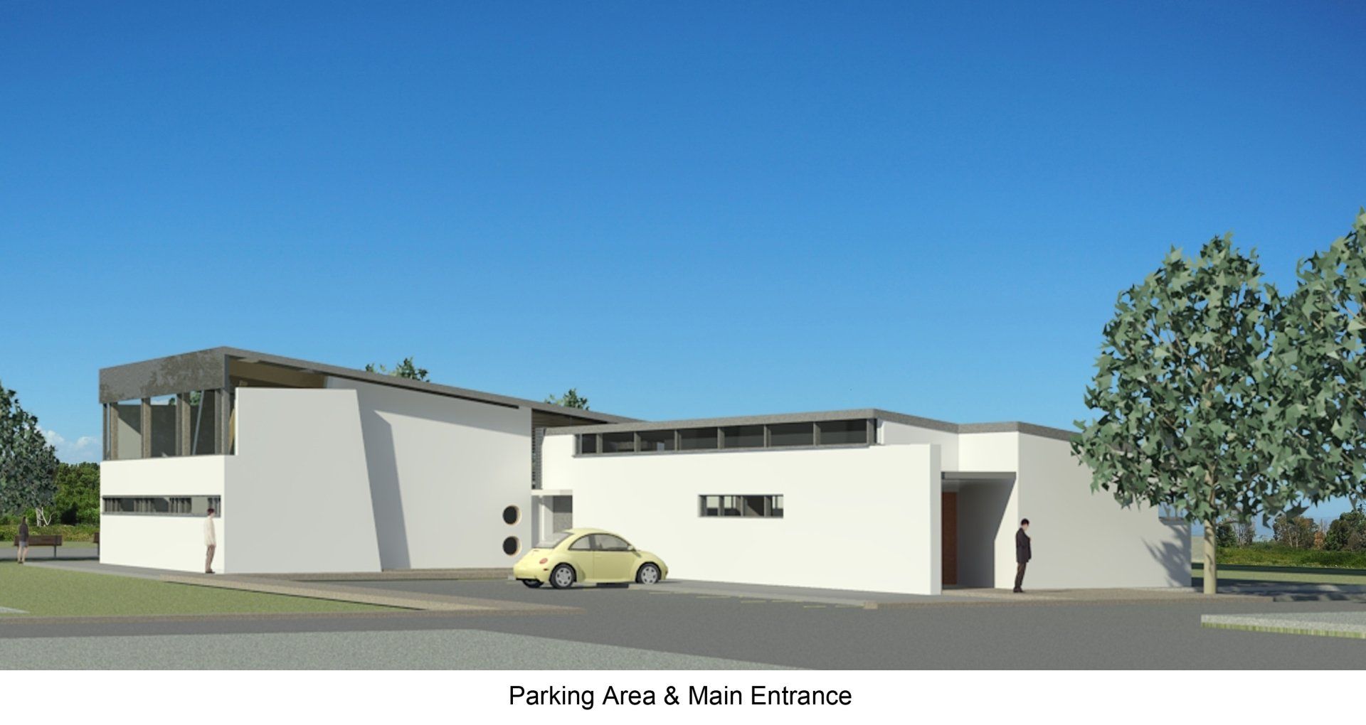 A yellow car is parked in front of a white building. Masiphumelele Sports Facility