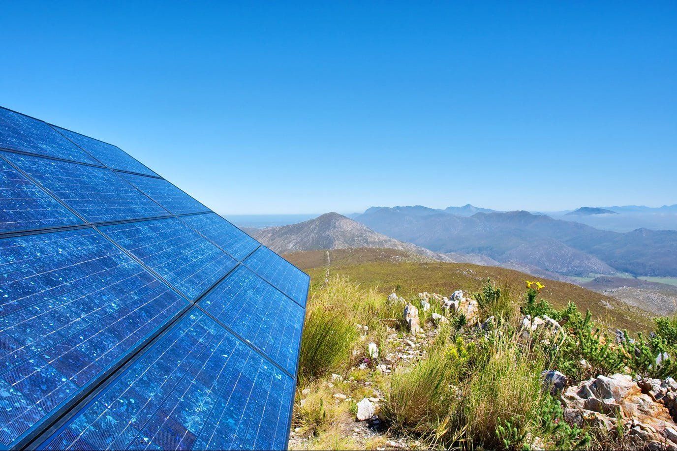 solar panel, blue sky, mountains