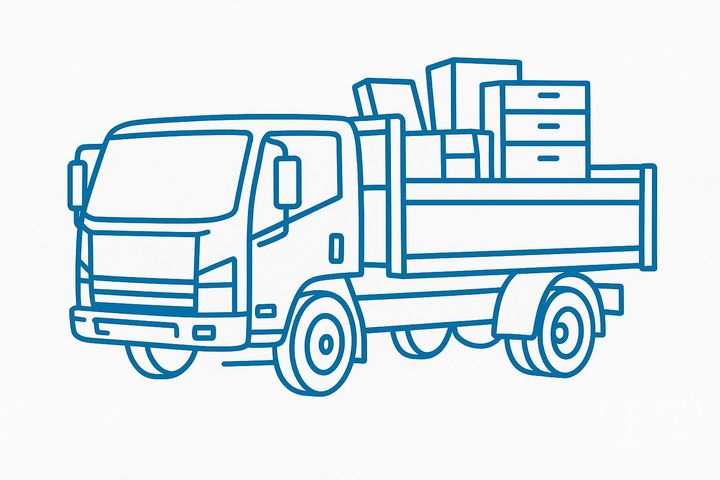 A white truck with a box on the back is on a white background.