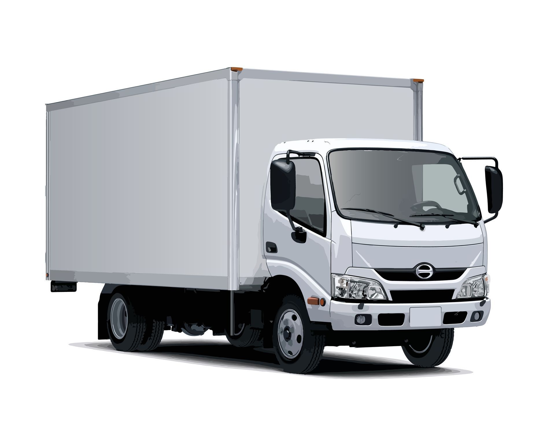 A white truck with a box on the back is on a white background.