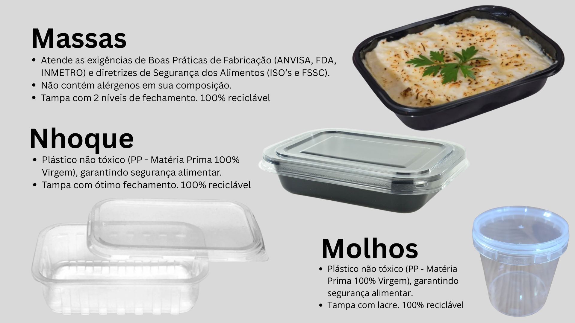 Infográfico apresentando recipientes  para alimentos, como massas, nhoques e molhos, com rótulos e detalhes dos produtos.