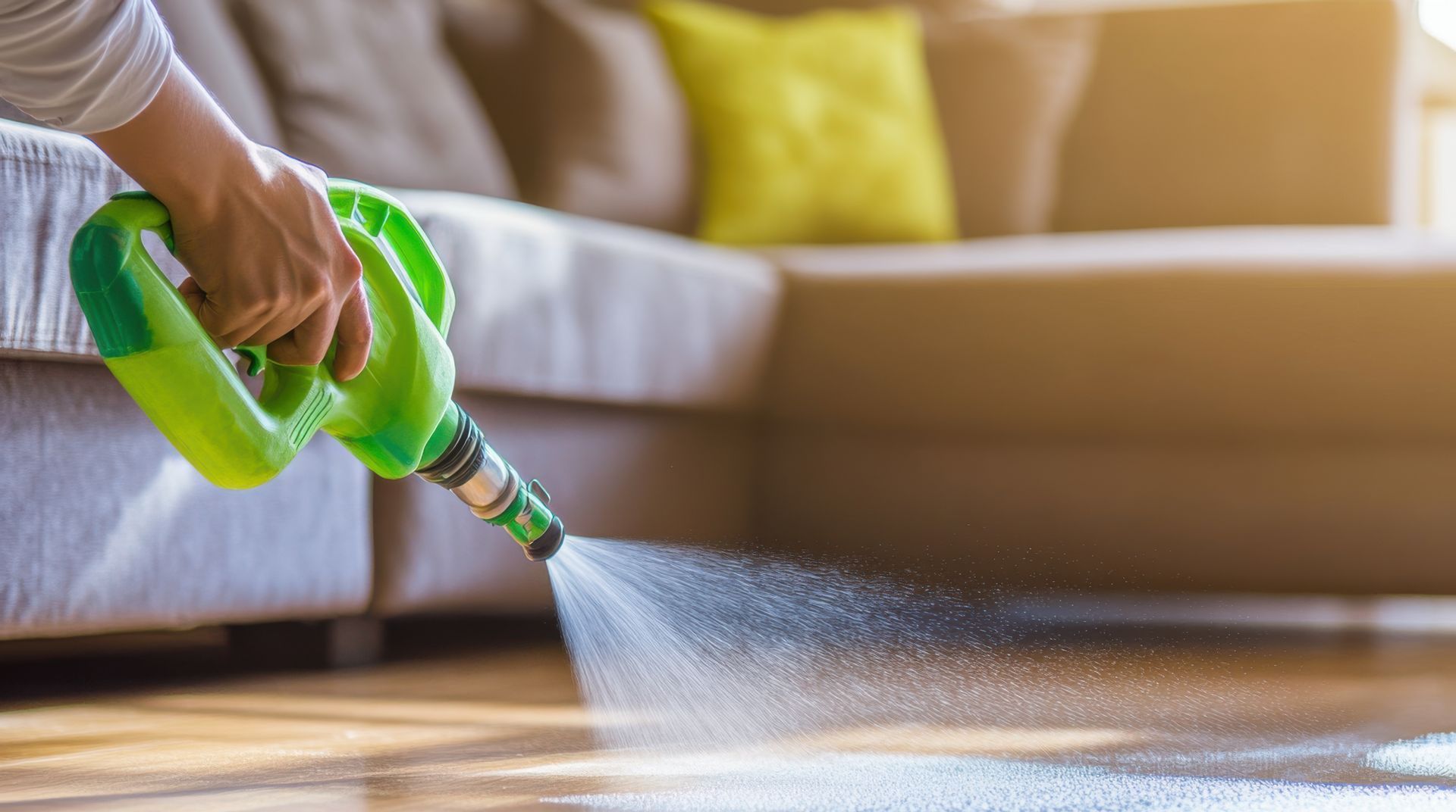 A person is spraying a hose on the floor in a living room.