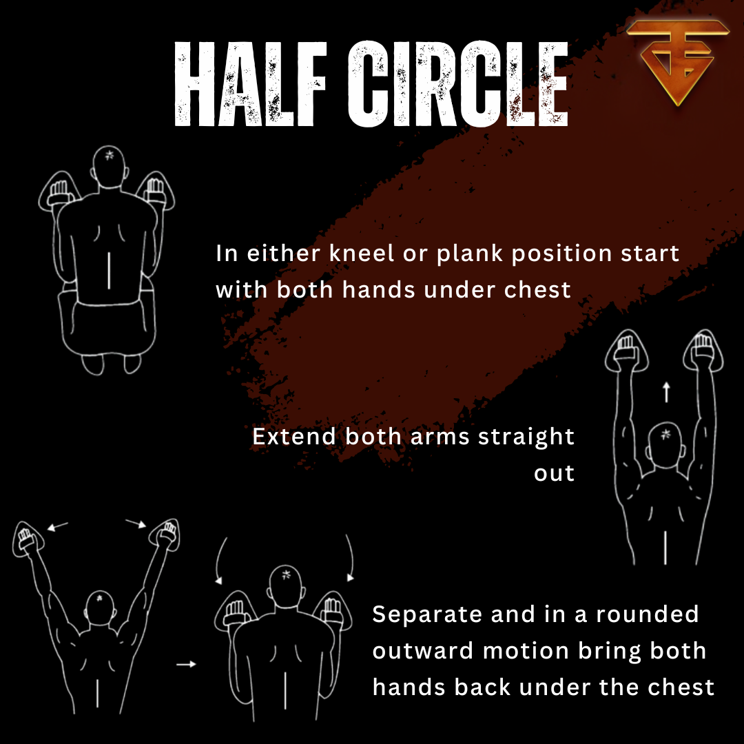 Exercise instructions: half-circle movement with hands. Starts under the chest, extends arms outward, then brings them back.
