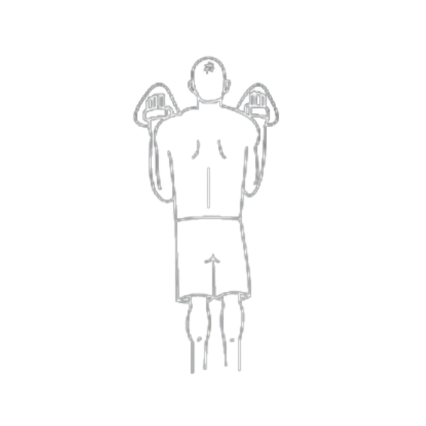 Man standing, holding two dumbbells at shoulder height, ready to lift.