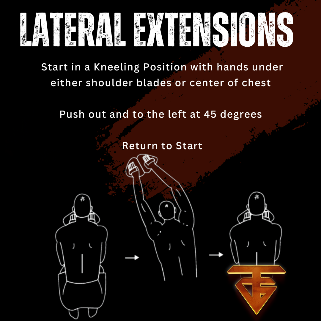 Instructions for lateral extensions exercise: Kneeling, hands under chest, extend arms left at 45 degrees, return.
