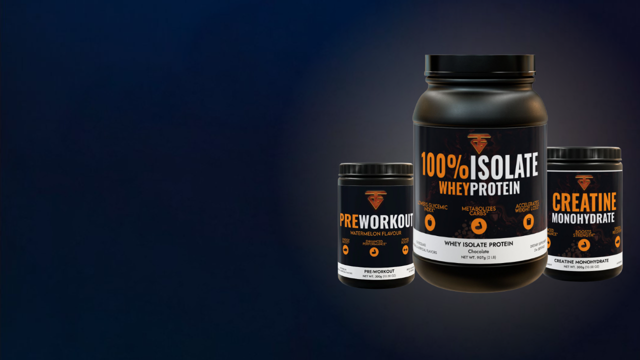 Three black supplement containers: pre-workout, protein isolate, and creatine, set against a dark background.