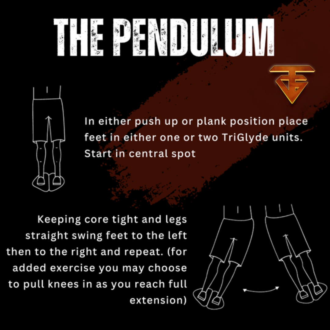 Exercise instructions: swinging feet like a pendulum in plank or push-up position, using TriGlyde units.