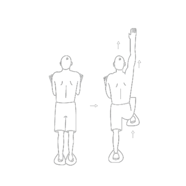 A person performing a balance exercise: standing with one leg raised and arm overhead.