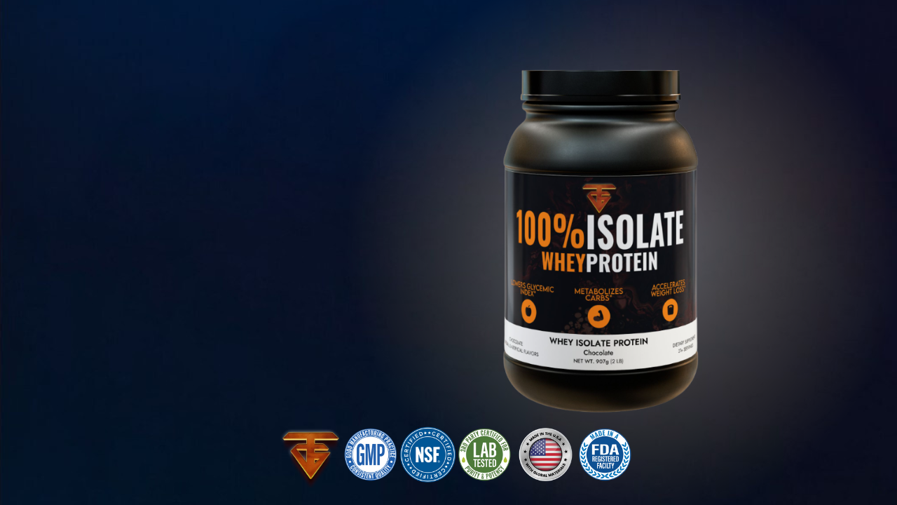 Black container of 100% Isolate whey protein with certifications, set against a blue gradient background.