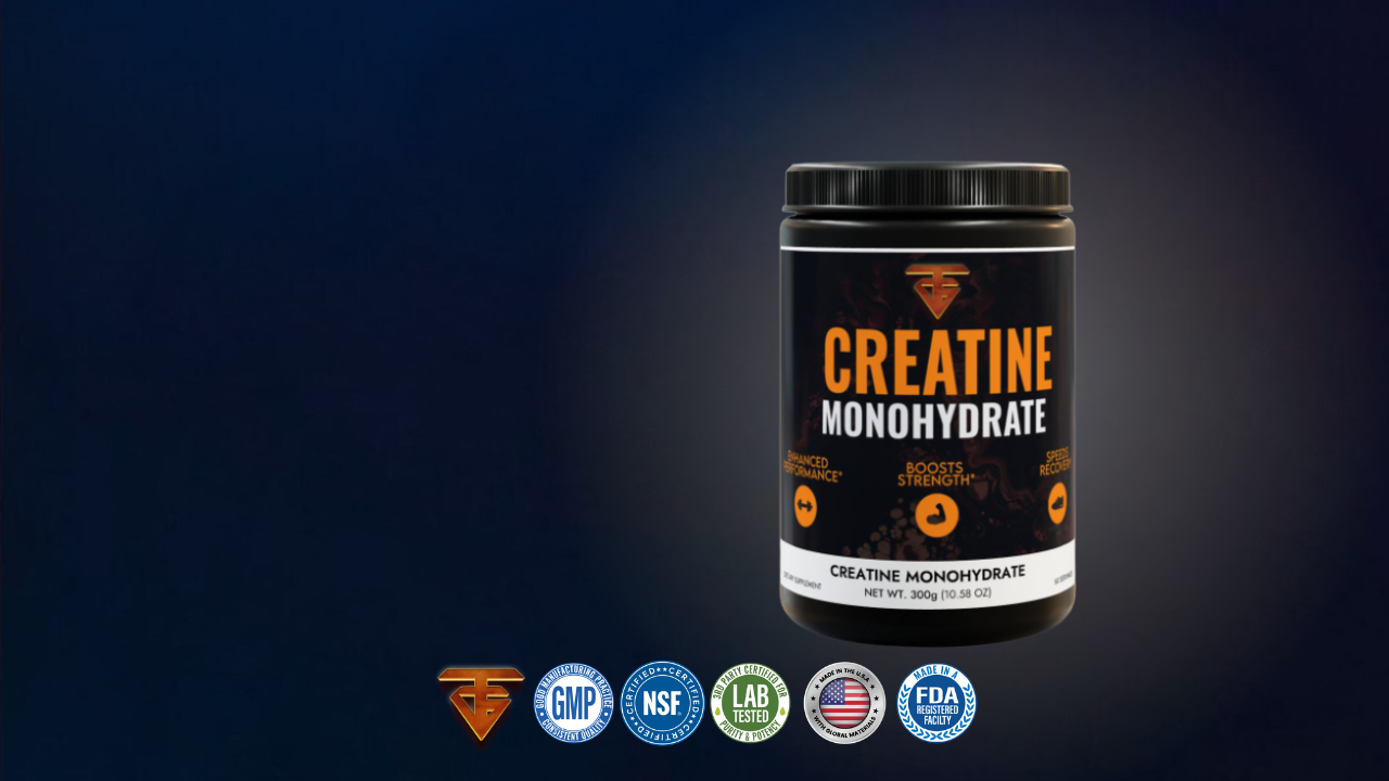 Creatine Monohydrate supplement tub with orange and black label, on a blue gradient background.