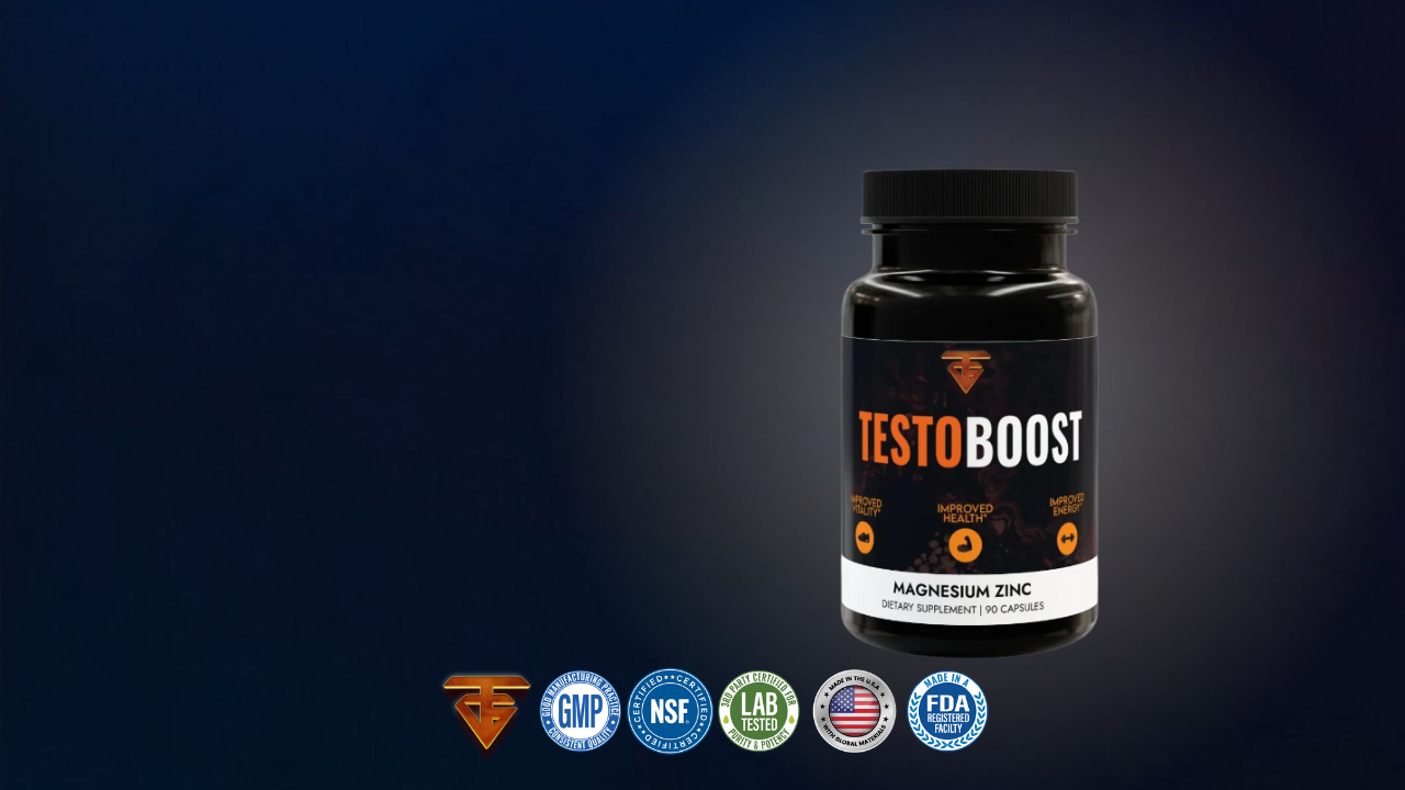 Bottle of TestoBoost supplement with badges on dark background.
